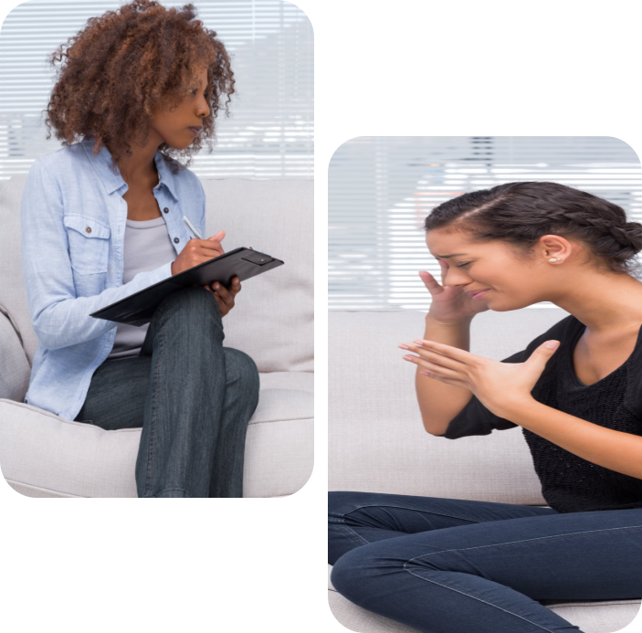 image of two people talking